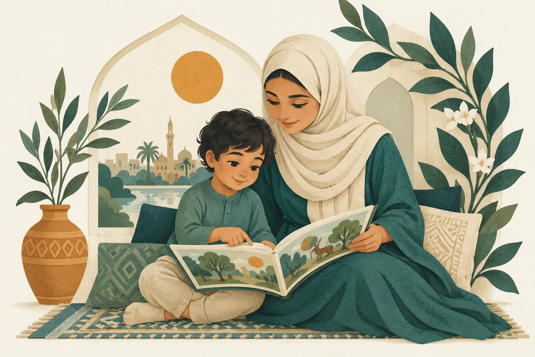 رسم توضيحي لأم وطفل يقرآن معاً